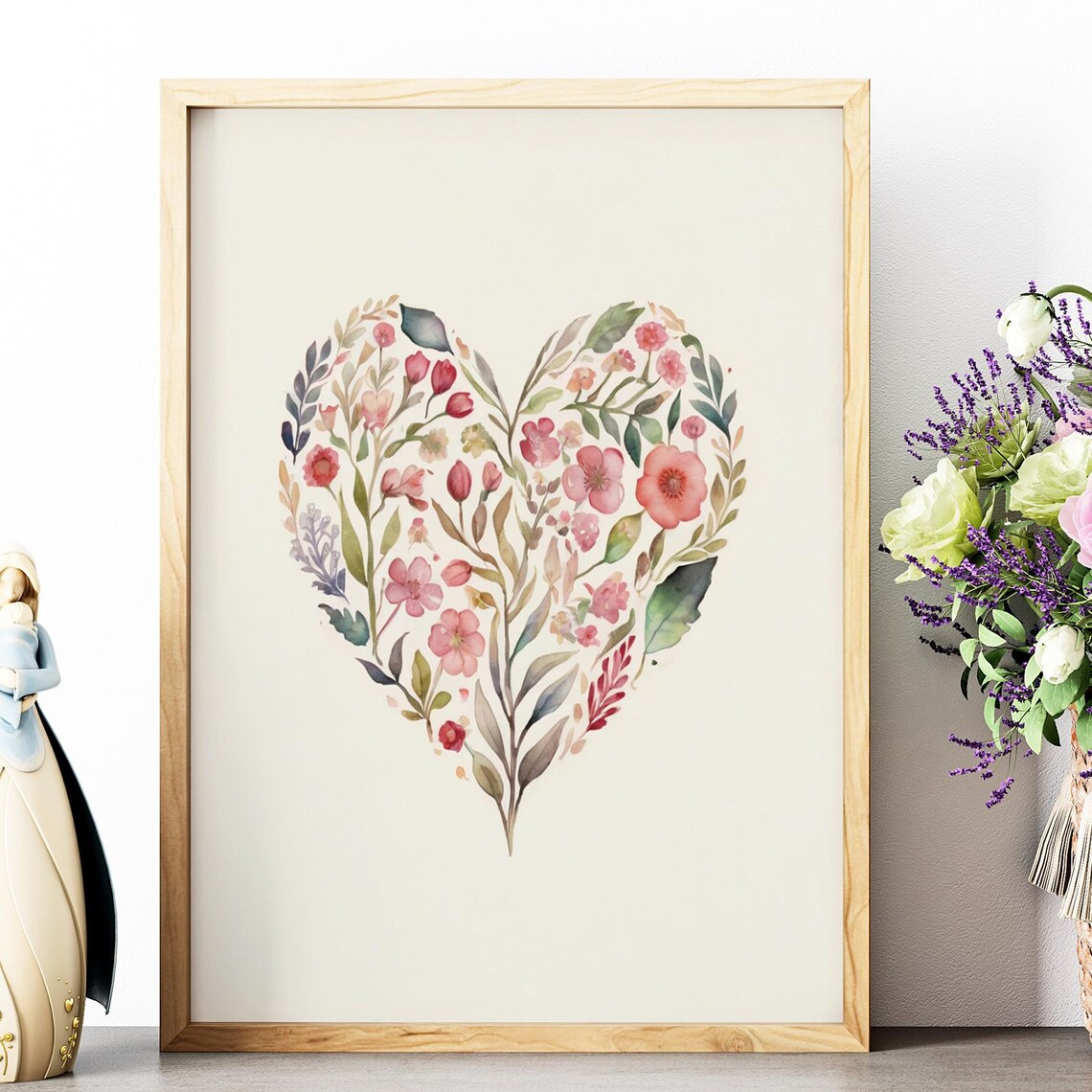 Wildflower Heart Shape Pink Blooms Watercolor Valentine Floral Poster