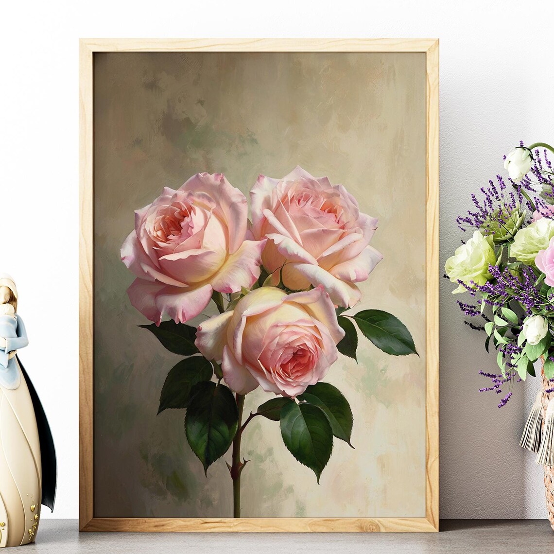 Blush Pink Roses Three Blooms Oil Painting Floral Romantic Poster