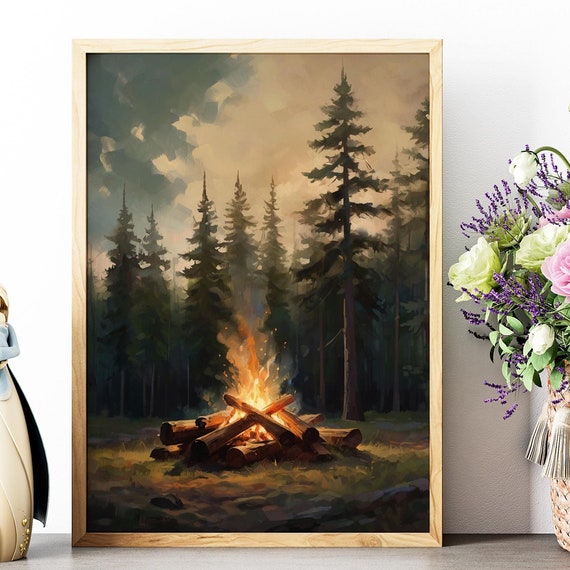 Rustic Campfire Poster Trendy Art Prints Pine Tree Art Vintage Forest Art Retro Wall Art Cabin Wall Decor Campfire Art Prints
