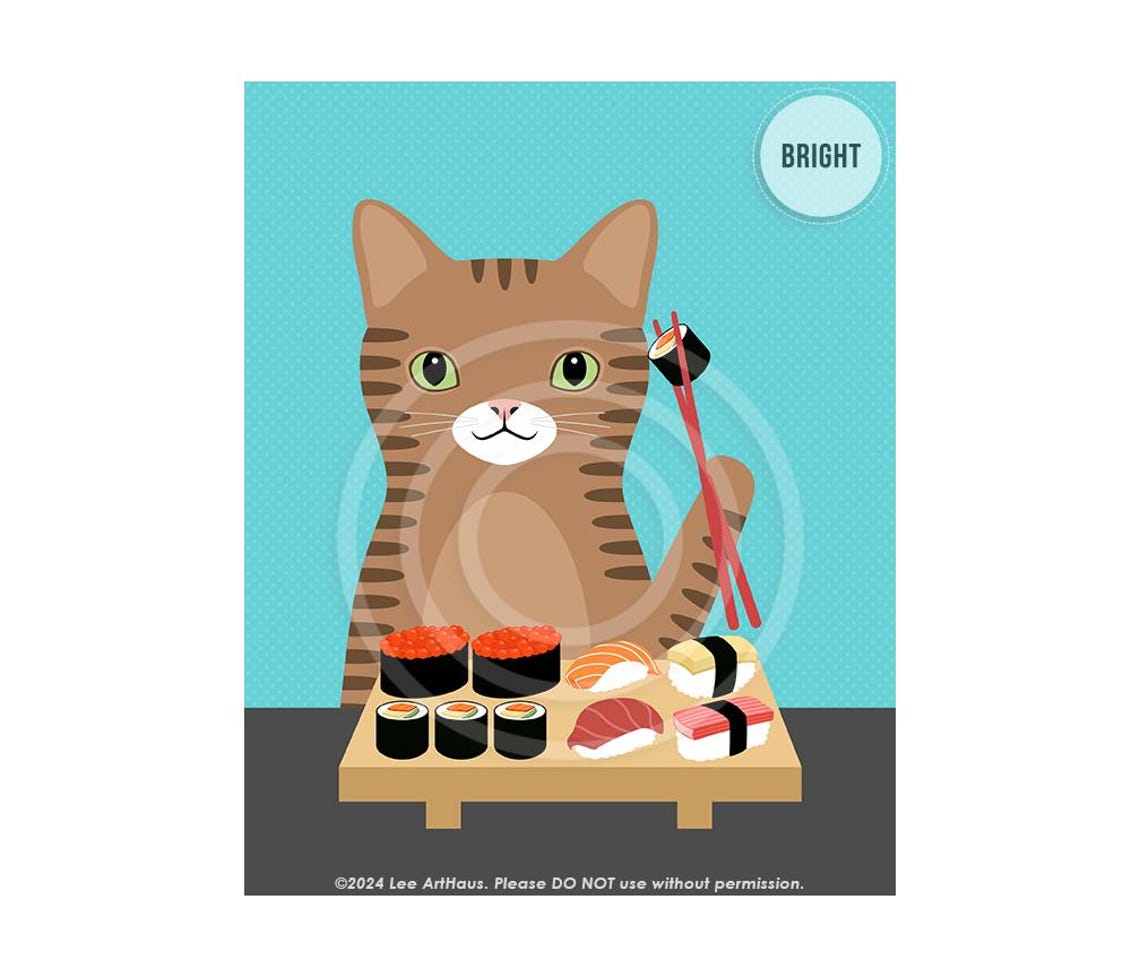 Brown Tabby Cat Eating Sushi With Chopsticks Funny Cat Art Poster - Image 9