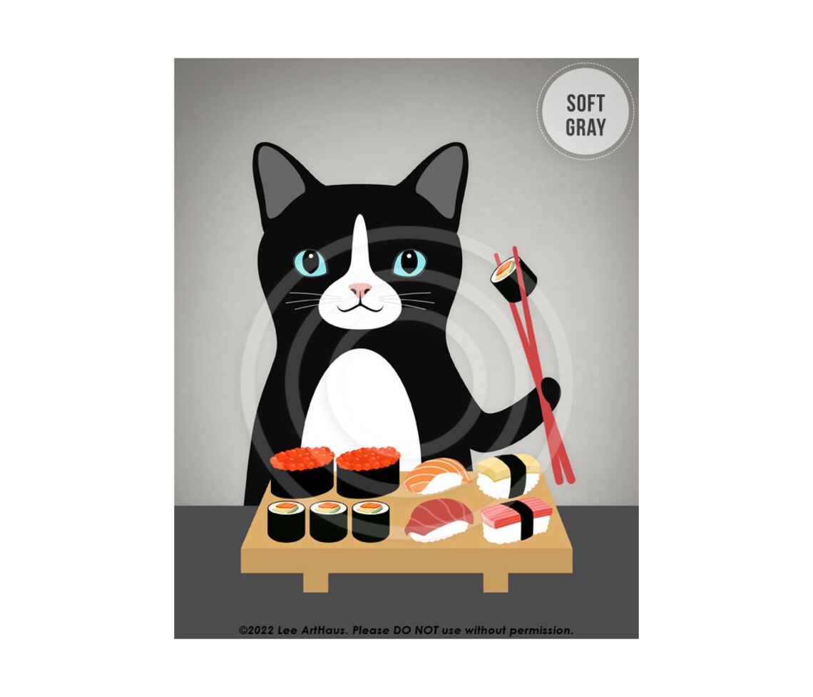 Black And White Cat Eating Sushi Platter Funny Cat Food Wall Art Poster - Image 3