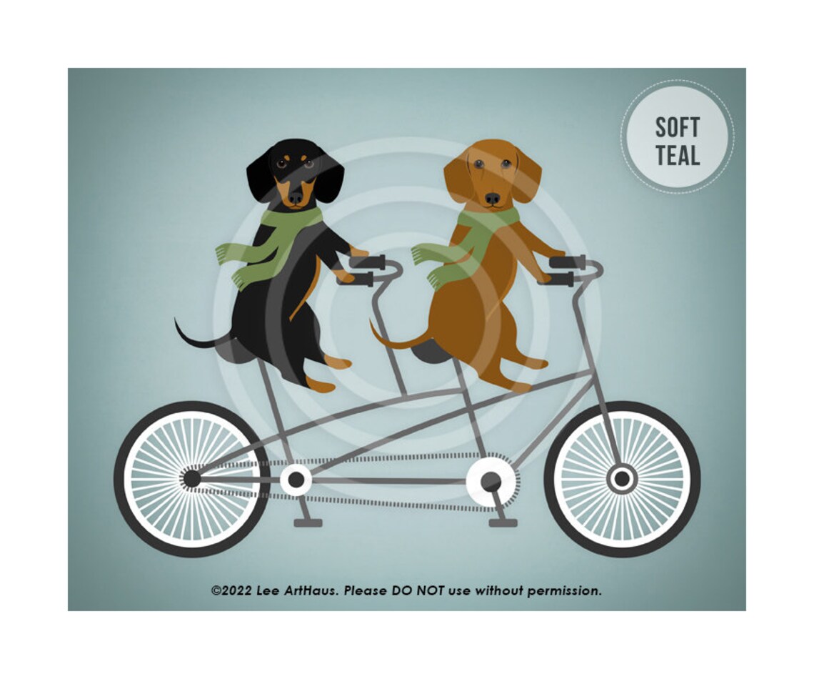 Two Dachshunds Riding Tandem Bicycle Green Scarves Vintage Dog Poster - Image 4