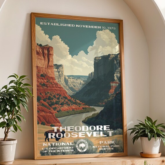 Theodore Roosevelt National Park Bison Badlands Vintage Poster
