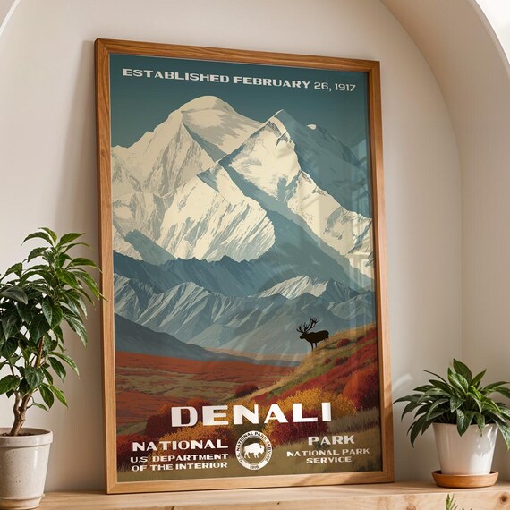 Denali National Park Snow Peaks Established 1917 Vintage Poster