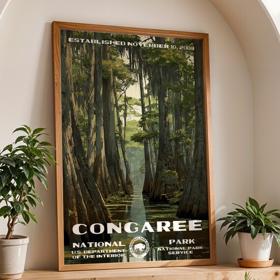 Congaree South Carolina Cypress Swamp Forest Retro Travel Poster
