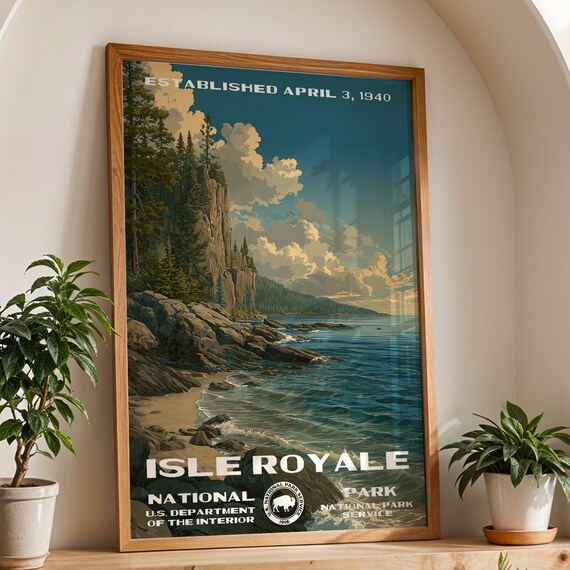 Isle Royale Michigan Lake Superior Rocky Shore Retro Travel Poster