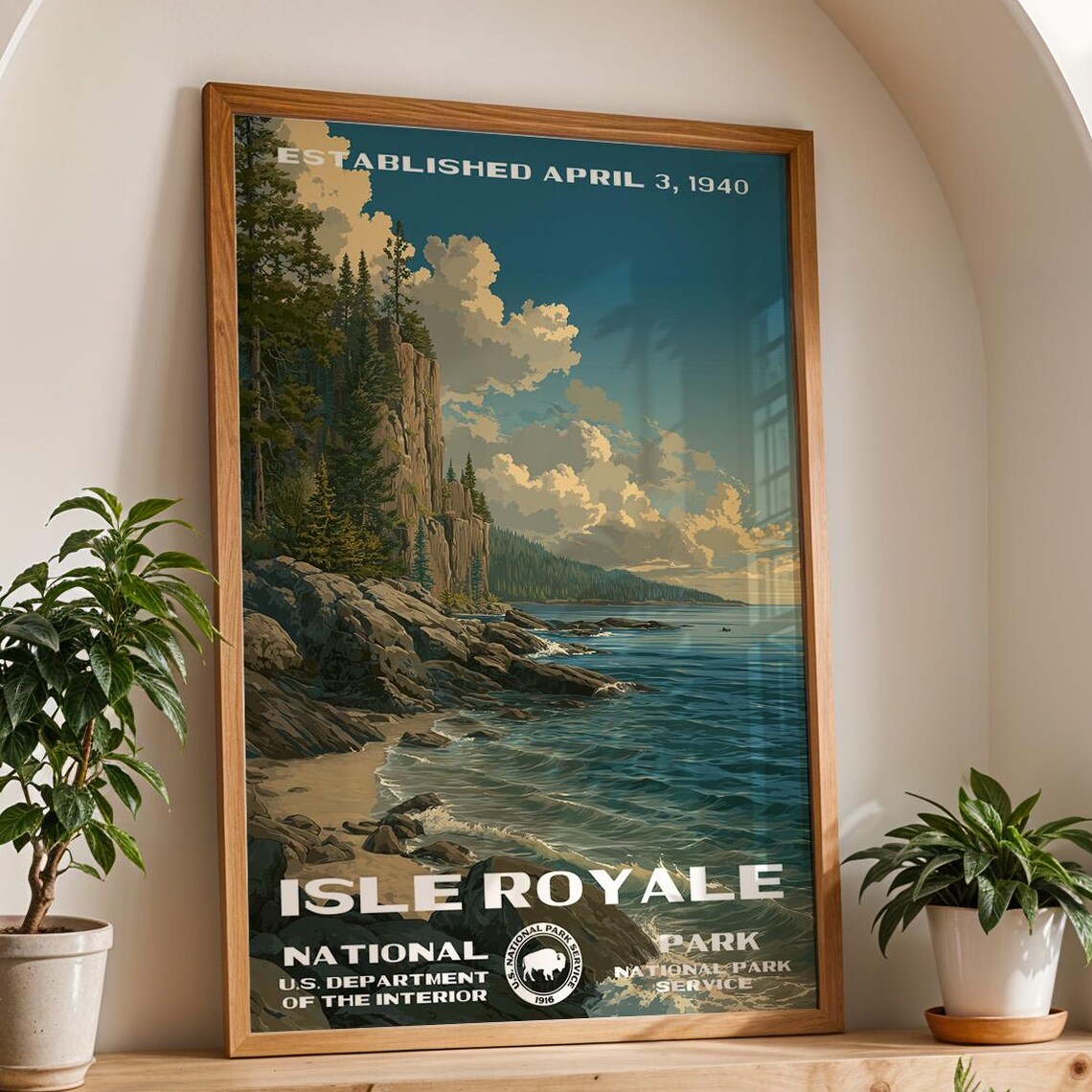 Isle Royale Michigan Lake Superior Rocky Shore Retro Travel Poster