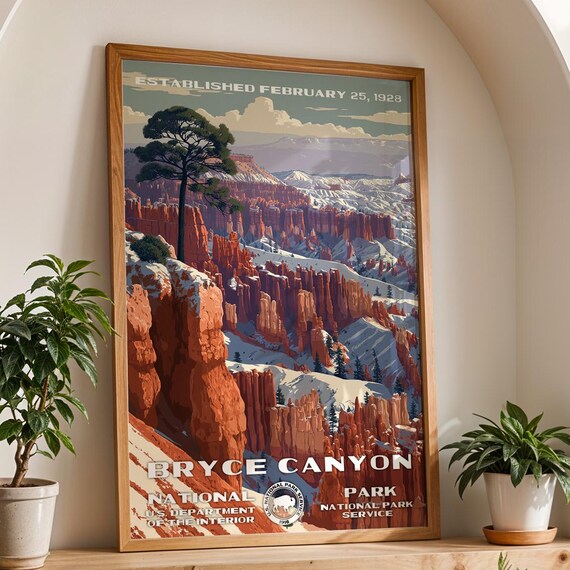 Bryce Canyon Utah Red Hoodoos Winter Snow Retro Travel Poster