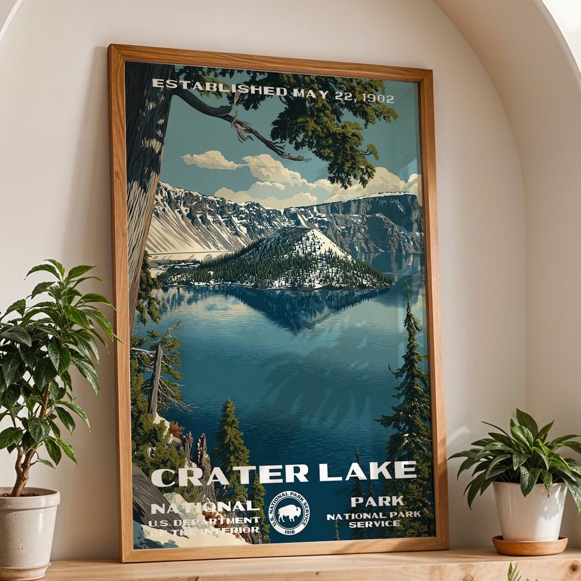 Crater Lake Oregon Deep Blue Water Island Retro Travel Poster