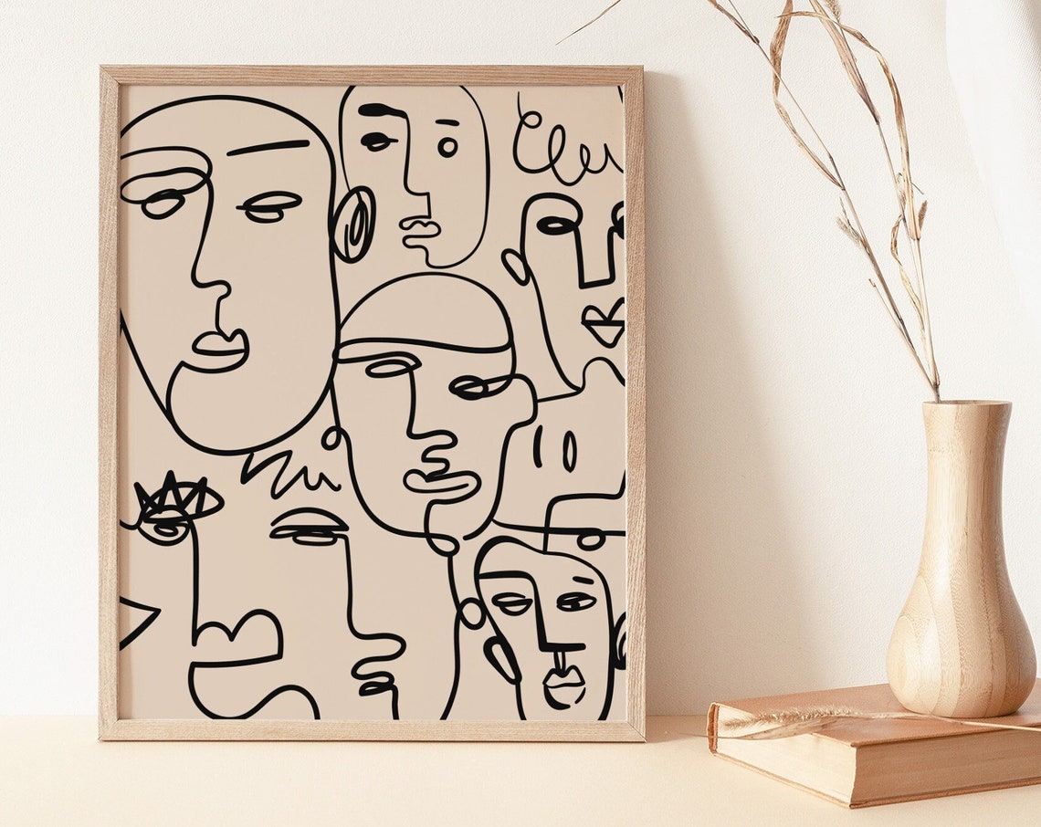 Abstract Overlapping Line Art Faces Warm Beige Minimal Poster