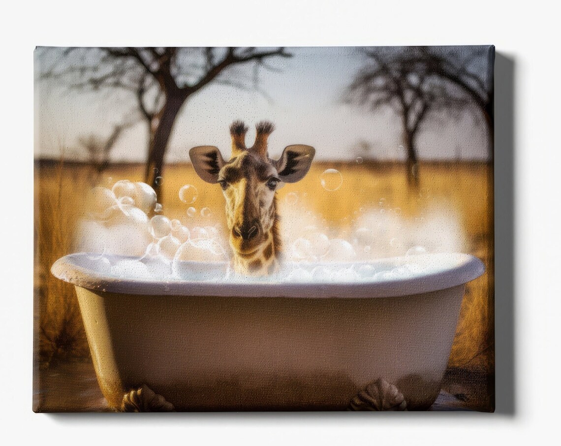 Giraffe In A Bathtub, Funny Kids Bathroom Decor