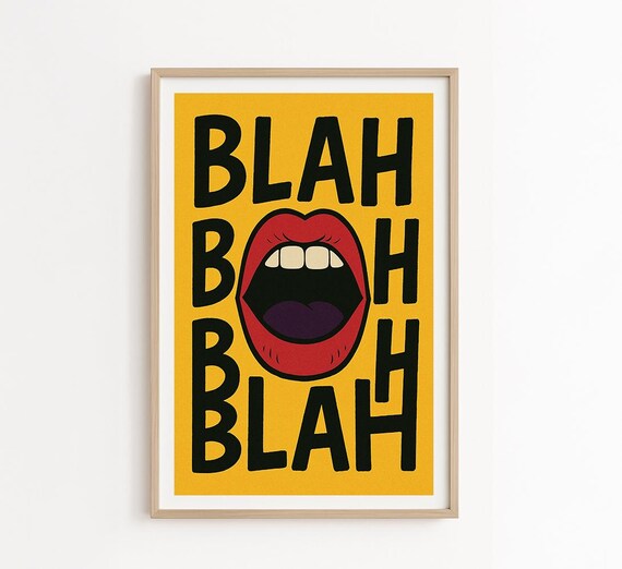 Blah Blah Blah Pop Art Typography Red Lips Yellow Background Poster