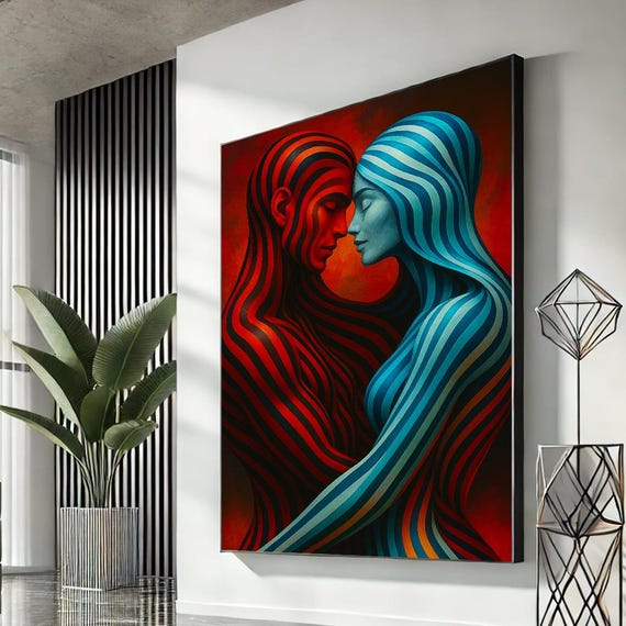 Intense Embrace Modern Abstract Canvas Wall Art Print Red Blue Living Room Decor Statement Piece