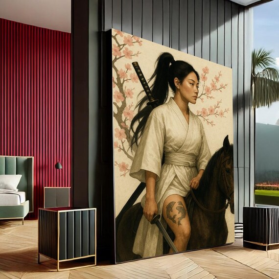 Samurai Woman on Horseback Cherry Blossom Japanese Art Print