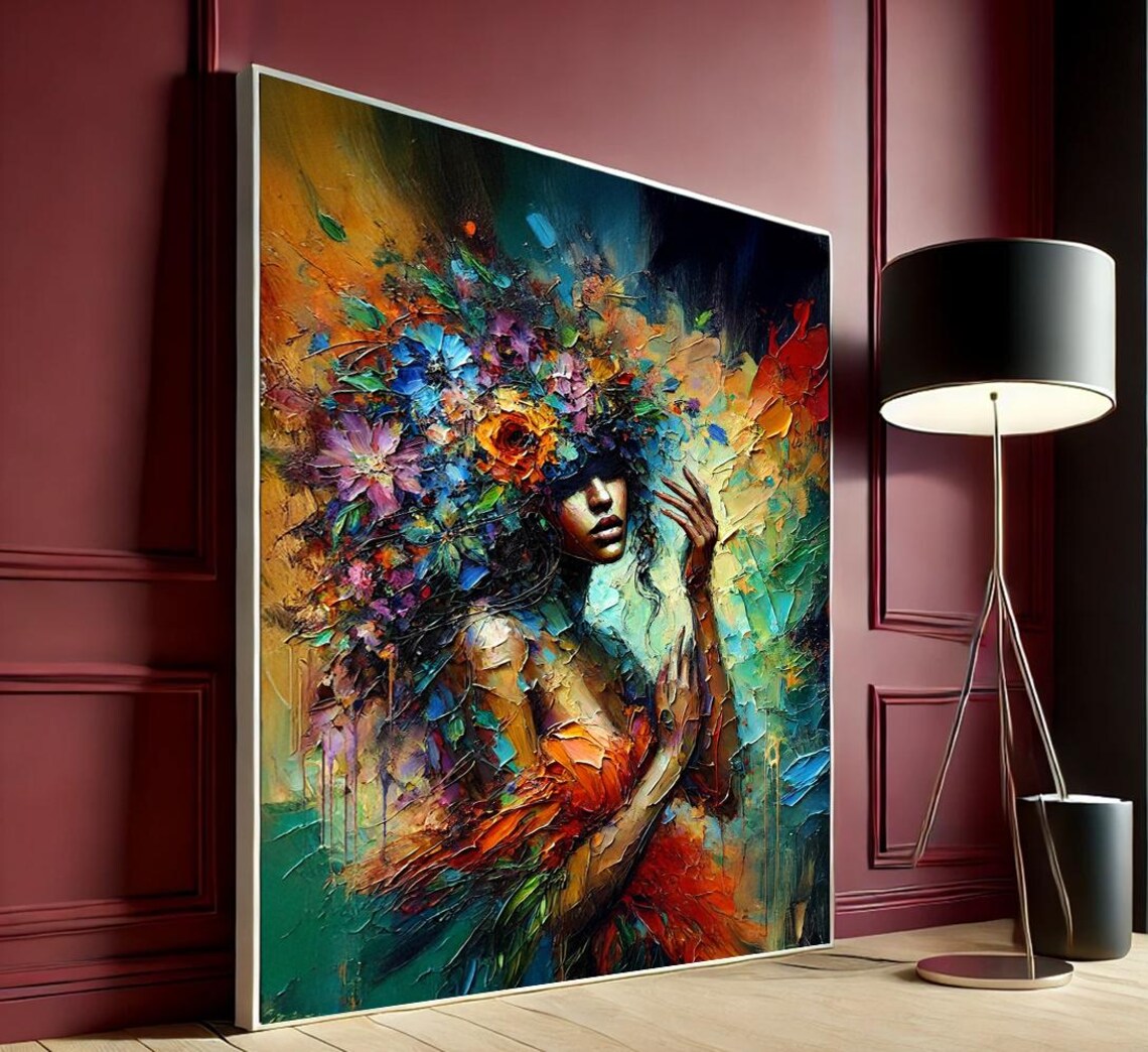 Radiant Joyful Vibrant Woman Floral Portrait Colorful Impasto Style Art Poster