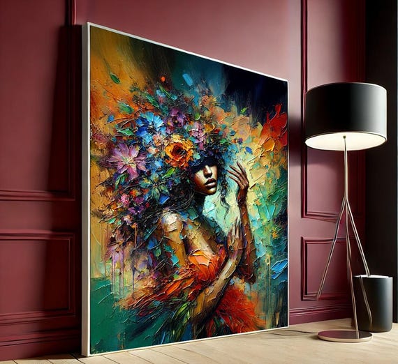 Colorful Woman Canvas Wall Art Print Vibrant Abstract Portrait With Floral Headpiece Stunning Modern Decor Lovers
