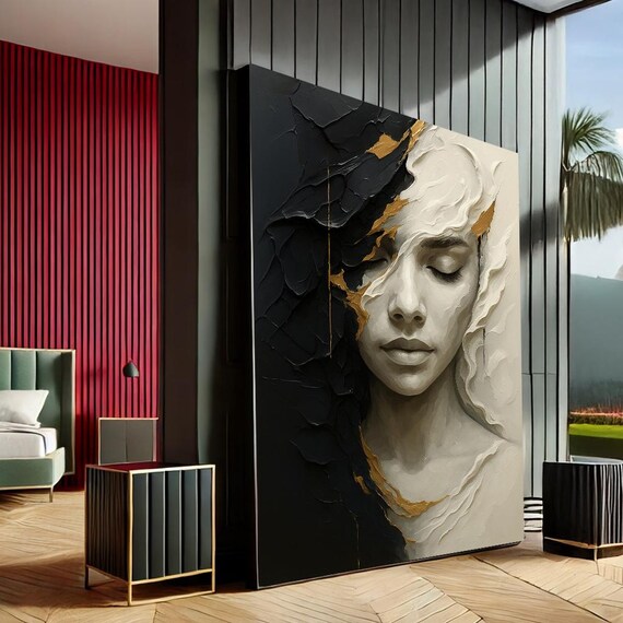 Serene Woman Face Textured Black Gold Modern Art Painting Poster