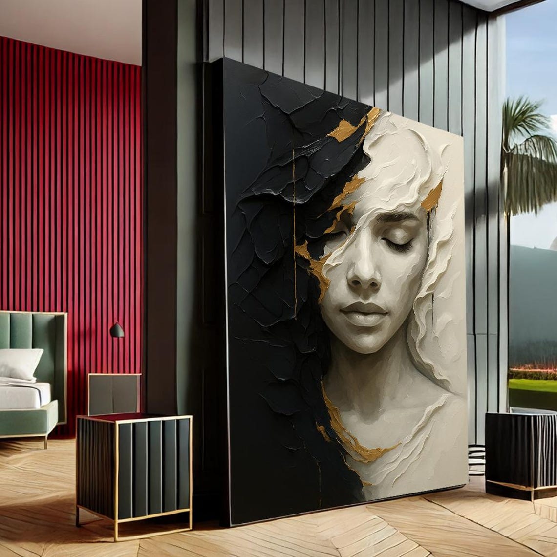 Serene Woman Face Textured Black Gold Modern Art Painting Poster