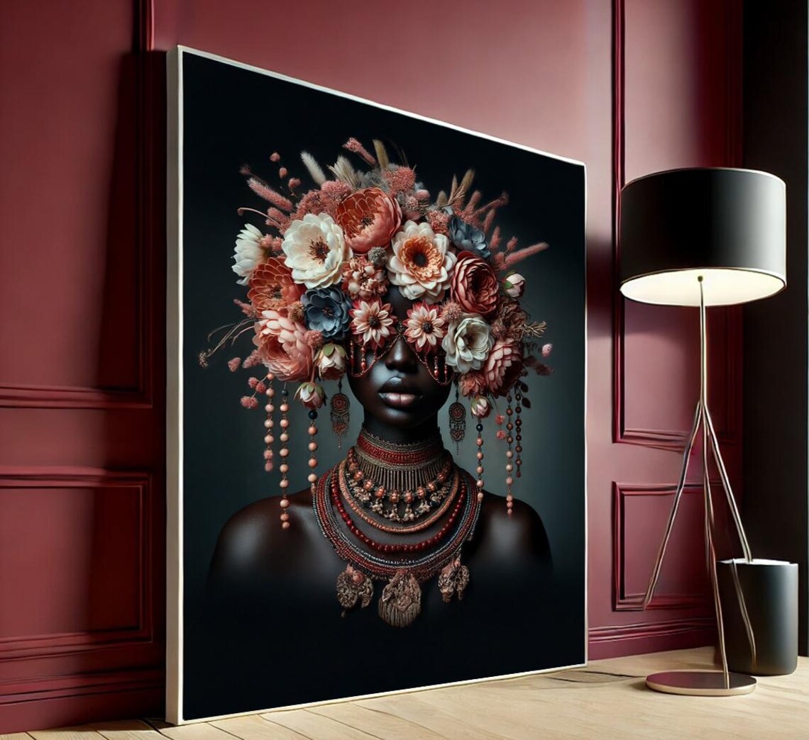 African Beauty Floral Portrait Canvas Wall Art Pink Blue Flowers