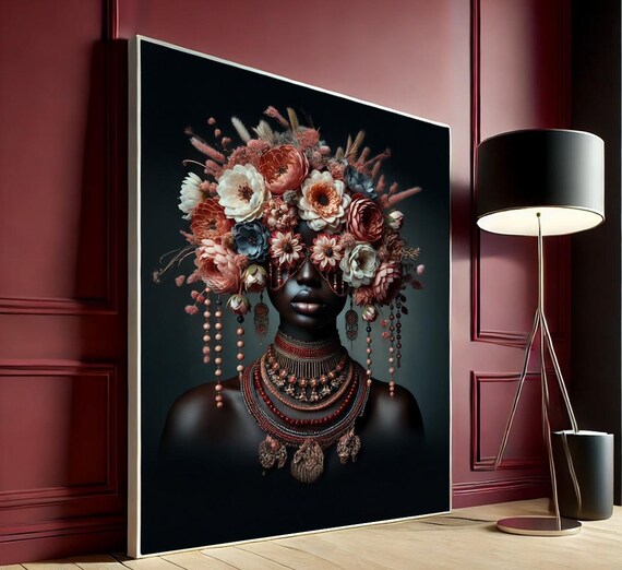 African Beauty Floral Portrait Canvas Wall Art Pink Blue Flowers