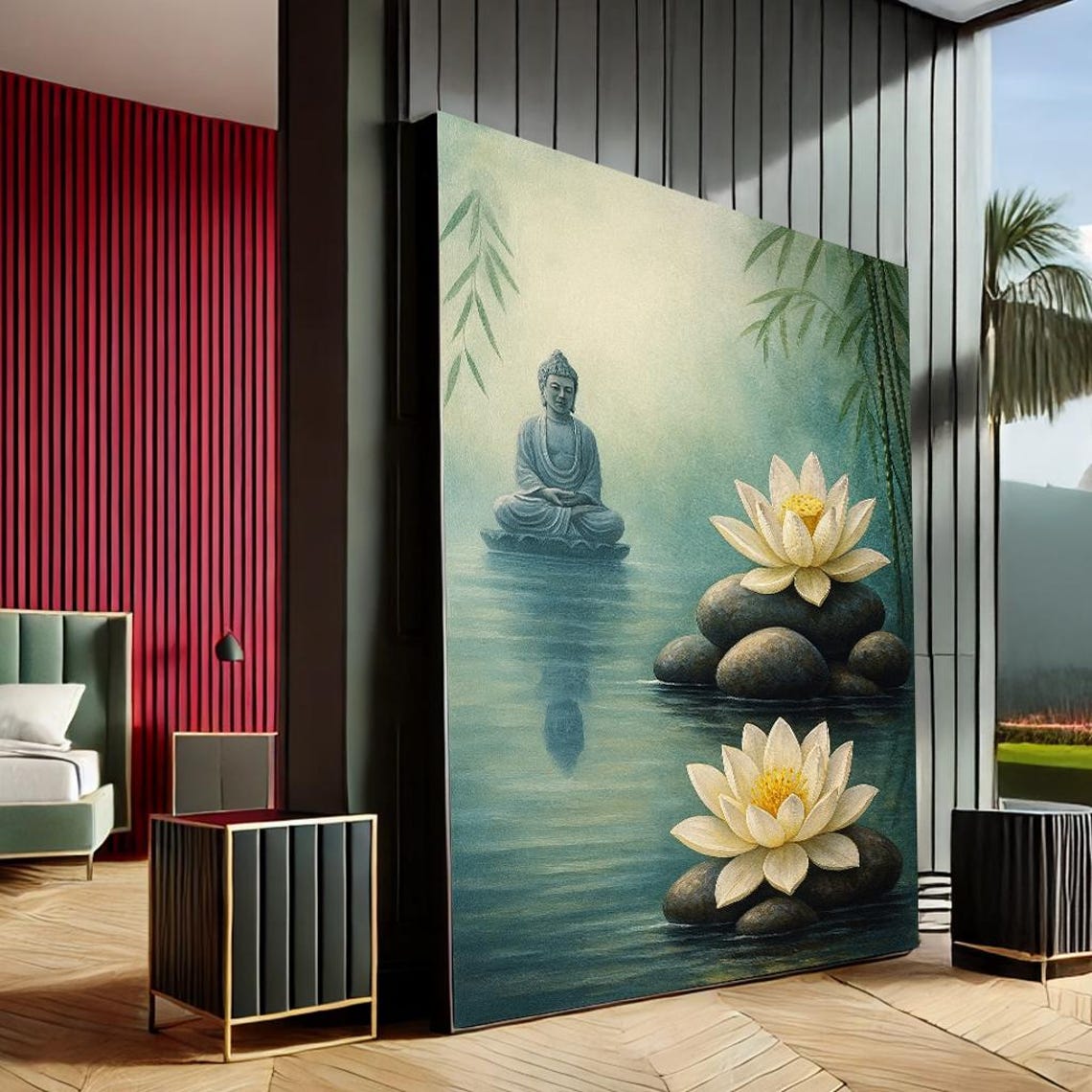Serene Buddha Lotus Pond Wall Art Tranquil Meditation Canvas Zen Decor