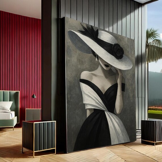 Elegant Woman Wide Brim Hat Black Dress Chic Fashion Painting Poster
