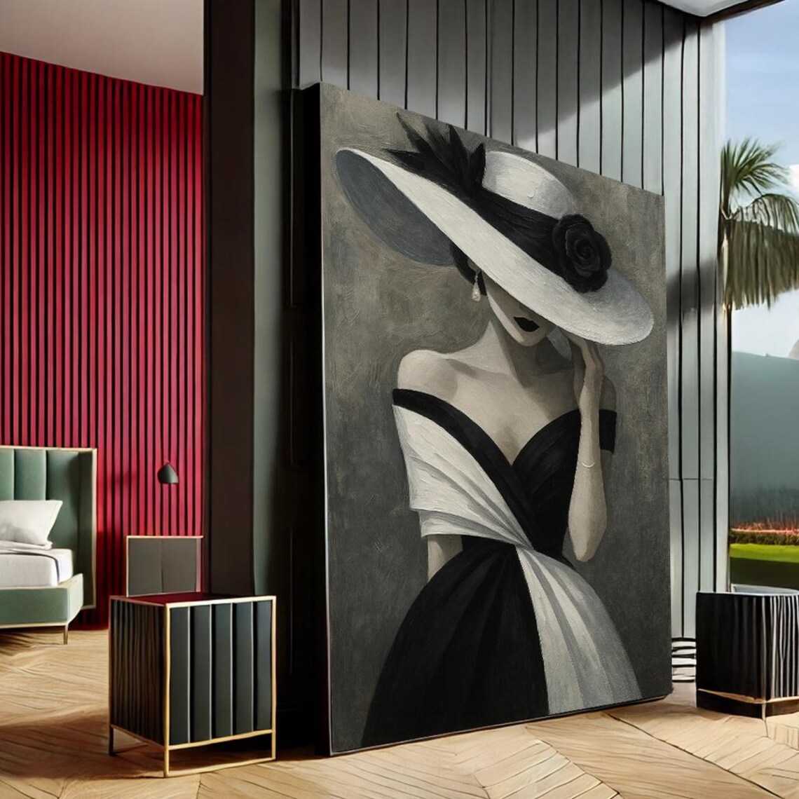 Elegant Woman Wide Brim Hat Black Dress Chic Fashion Painting Poster