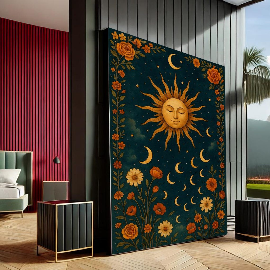 Celestial Golden Sun Moon Phases Boho Floral Night Sky Wall Art