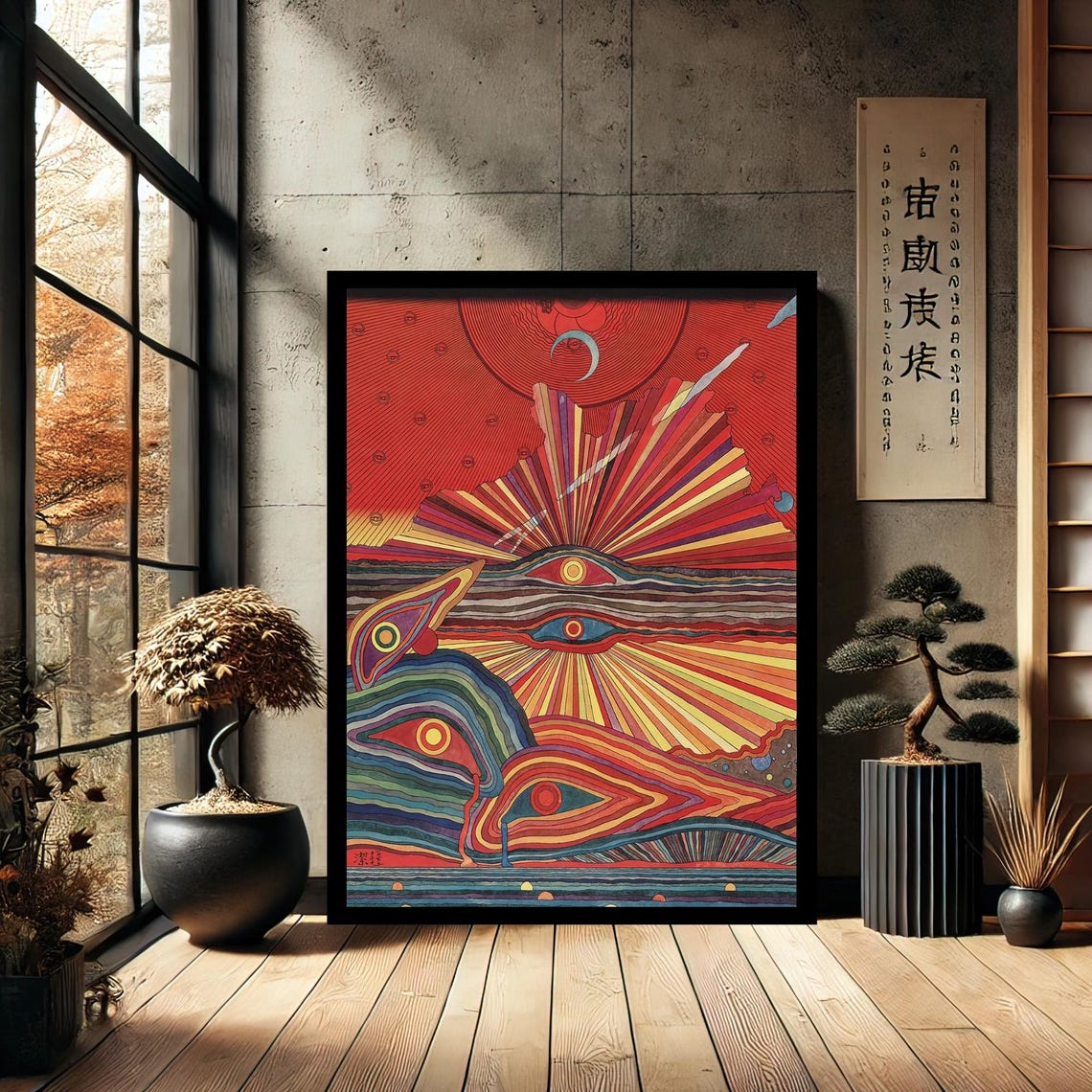 Japanese Psychedelic Red Sunrise Eye Waves Colorful Radiant Art Print