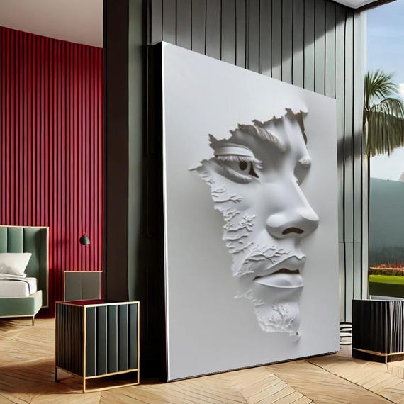 Serene Face Minimalist Canvas Wall Art Print White Gray Living Room Decor Ready To Hang