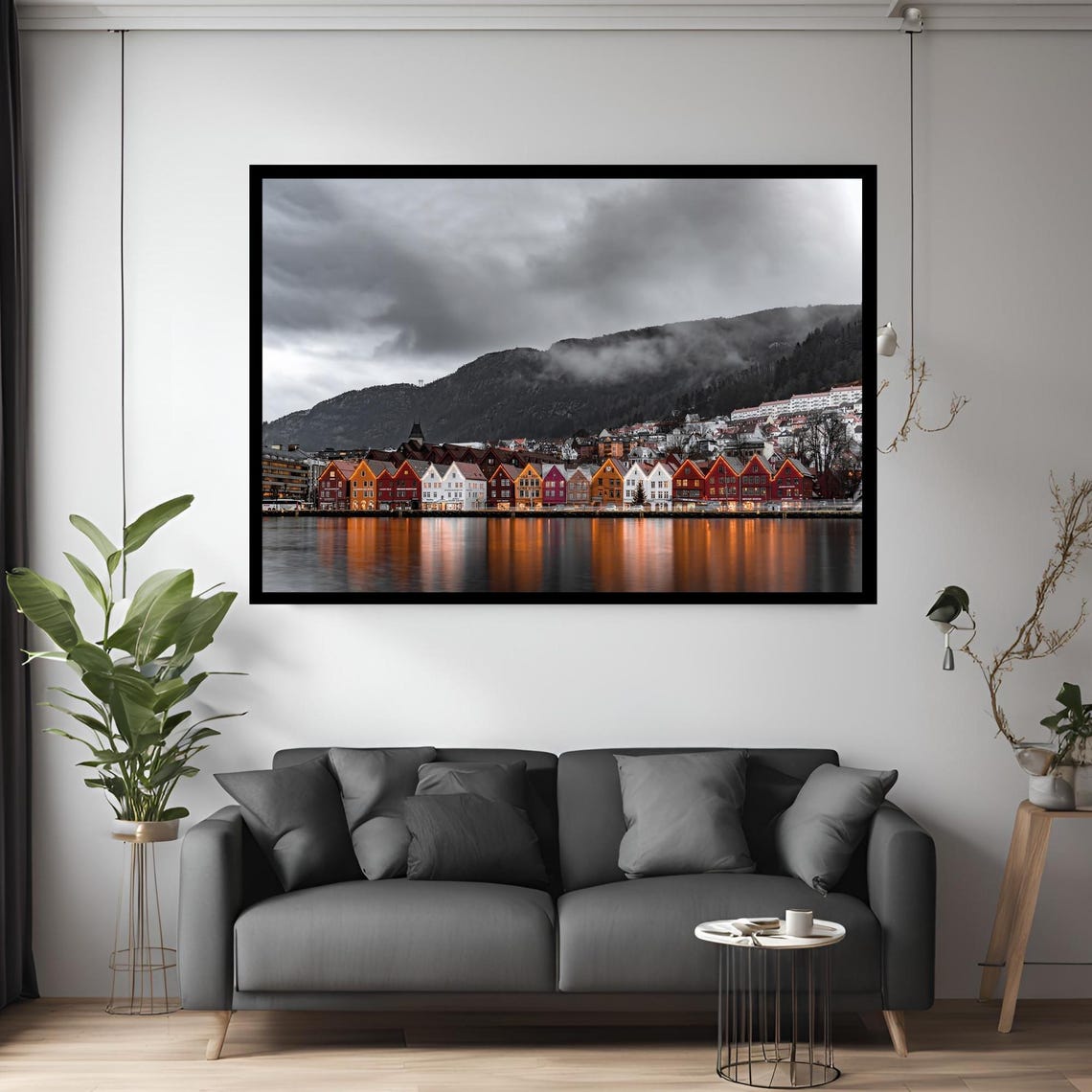 Colorful Harbor Houses Waterfront Reflection Mountain Dusk Wall Art