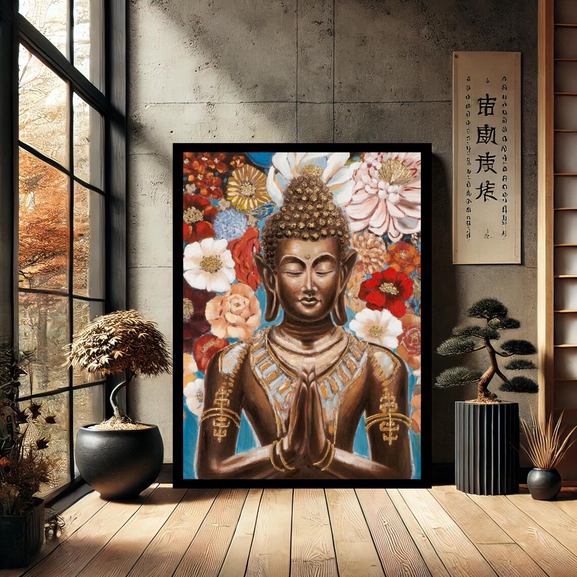 Buddha in Prayer Pose With Flower Garland Spiritual Art Print