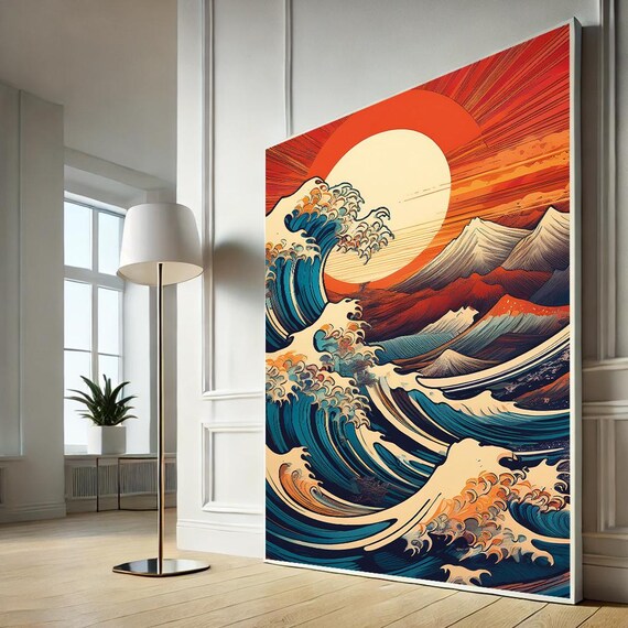 Painted Great Wave Sunset Mountains Red Sky Ocean Art Poster