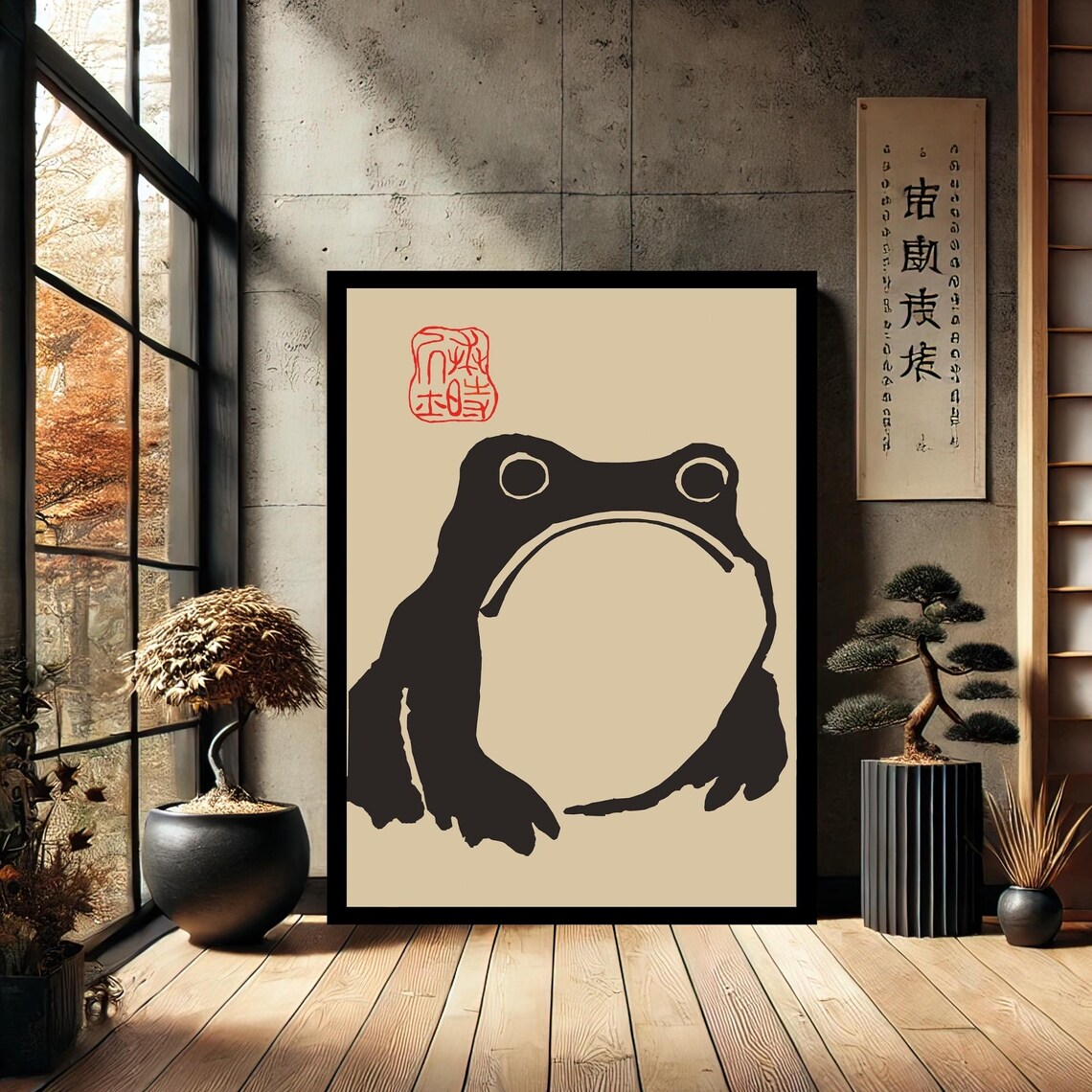 Matsumoto Hoji Japanese Frog Woodblock Style Ink Art Beige Wall Art
