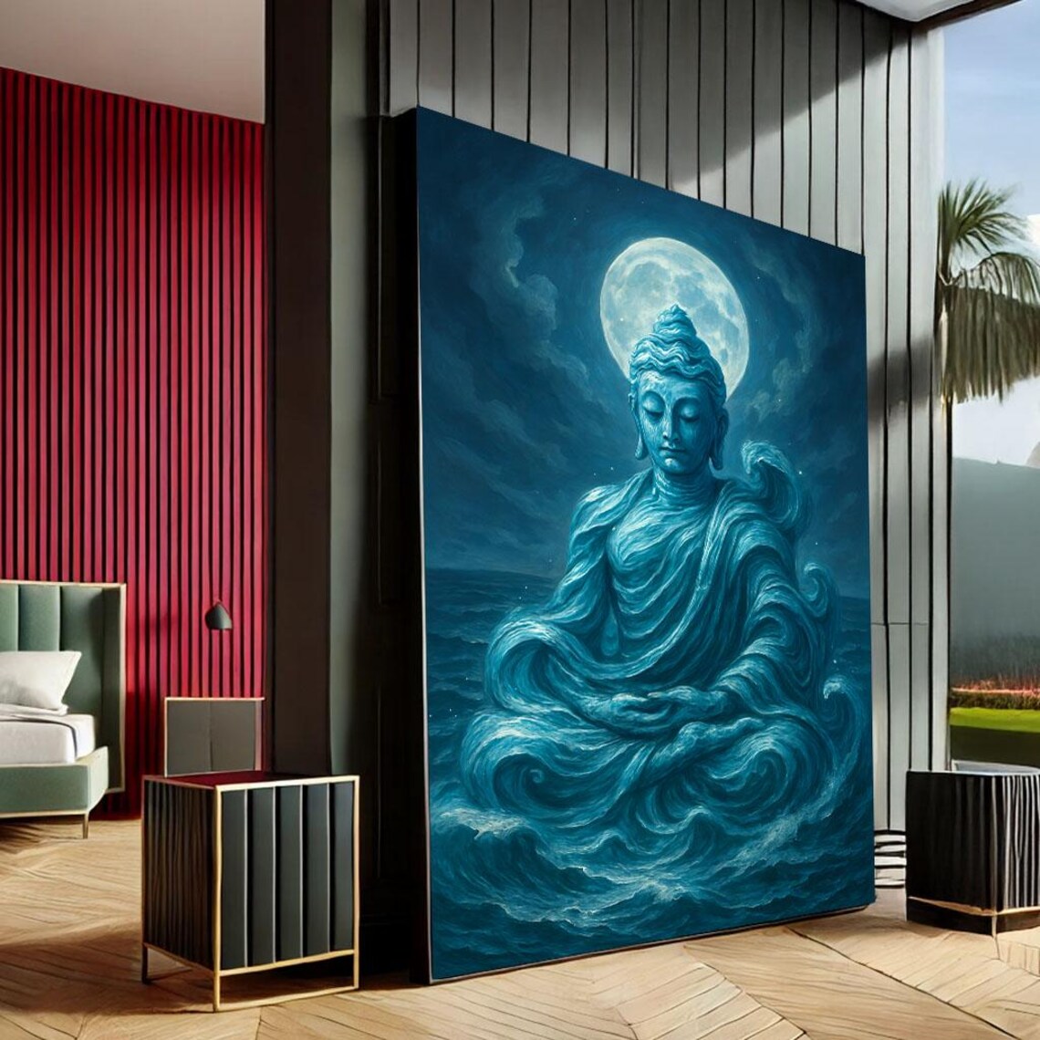 Moonlit Blue Buddha Meditating Night Ocean Waves Poster Spiritual Decor