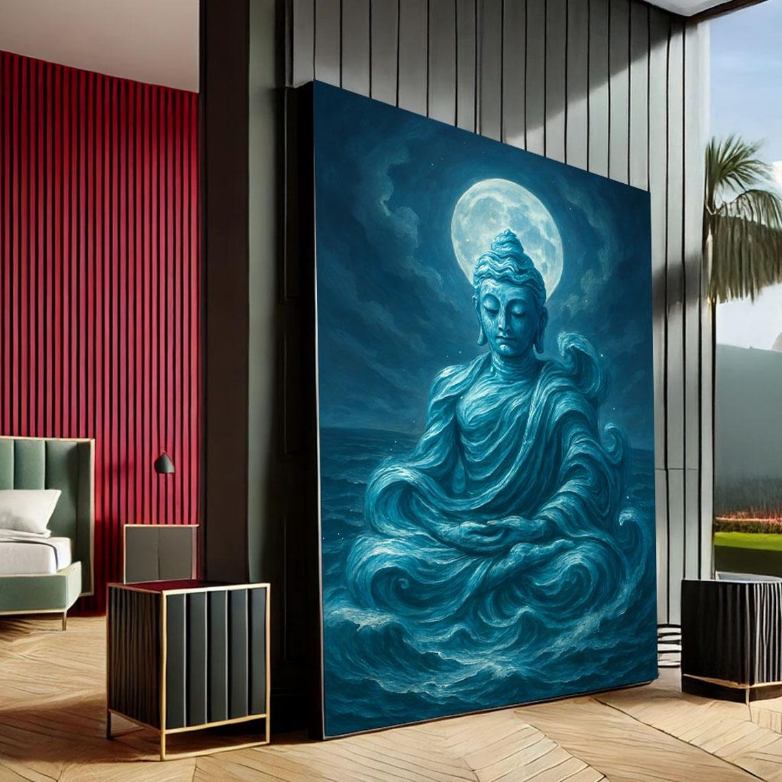 Serene Buddha Moonlight Canvas Wall Art Print Tranquil Meditation Living Room Decor Ready To Hang