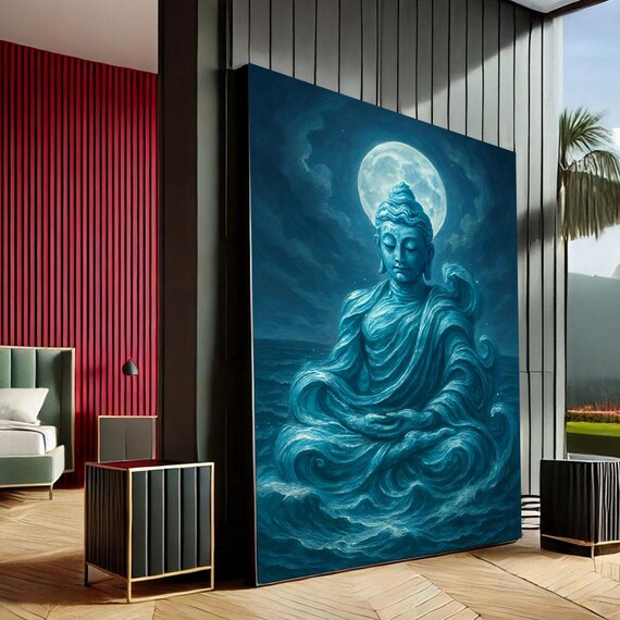 Serene Buddha Moonlight Canvas Wall Art Print Tranquil Meditation Living Room Decor Ready To Hang
