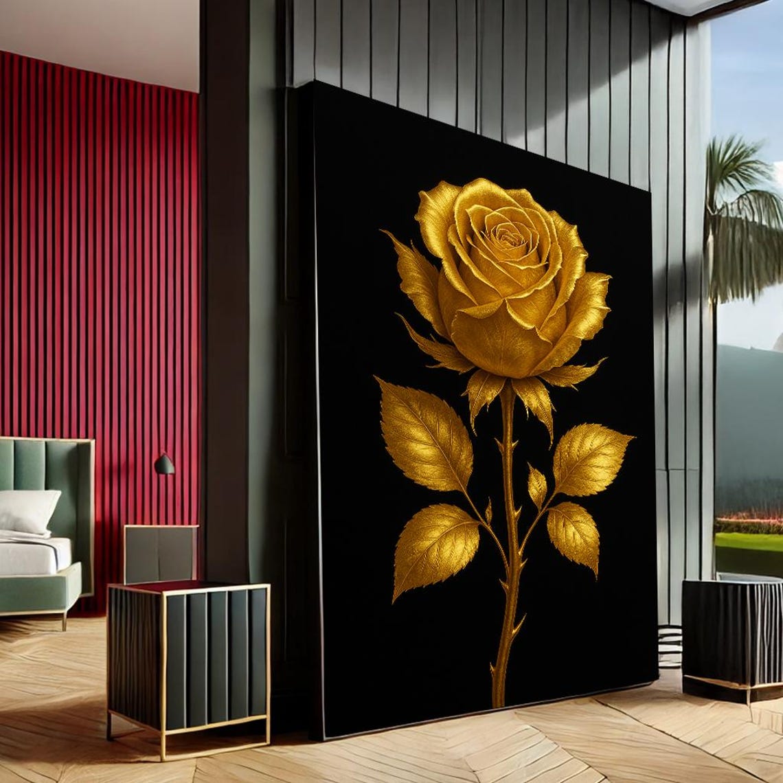 Elegant Golden Rose Deep Black Background Floral Canvas Wall Art
