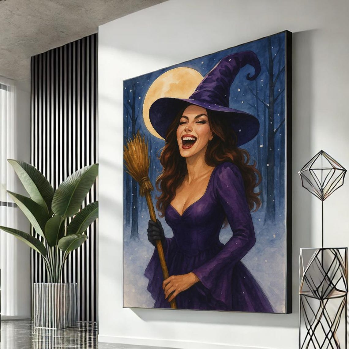Whimsical Laughing Witch Moonlit Forest Purple Hat Broom Art Poster