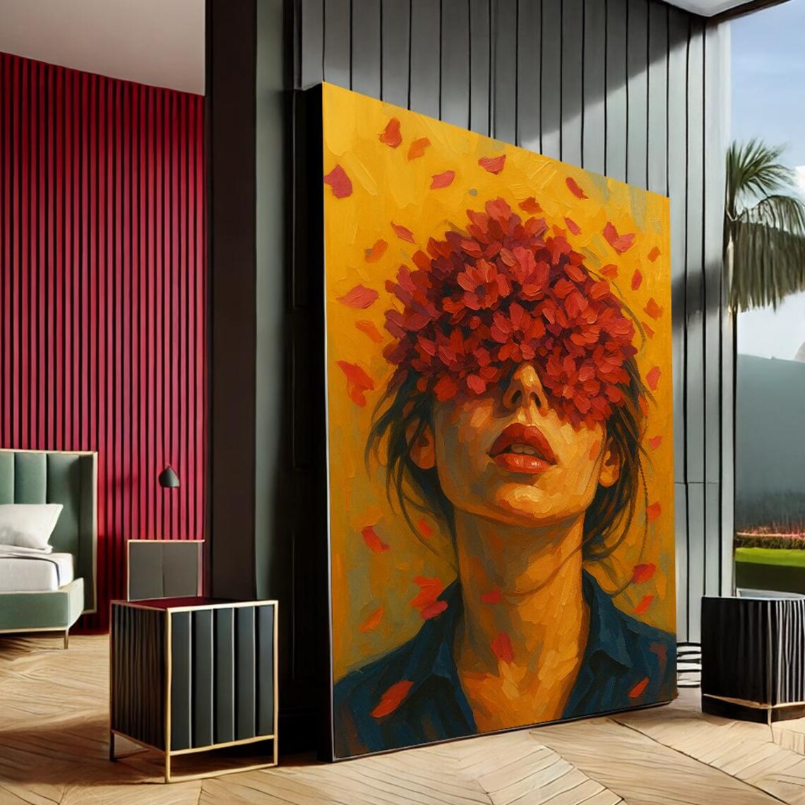 Floral Woman Red Petals Face Modern Abstract Oil Painting Wall Art