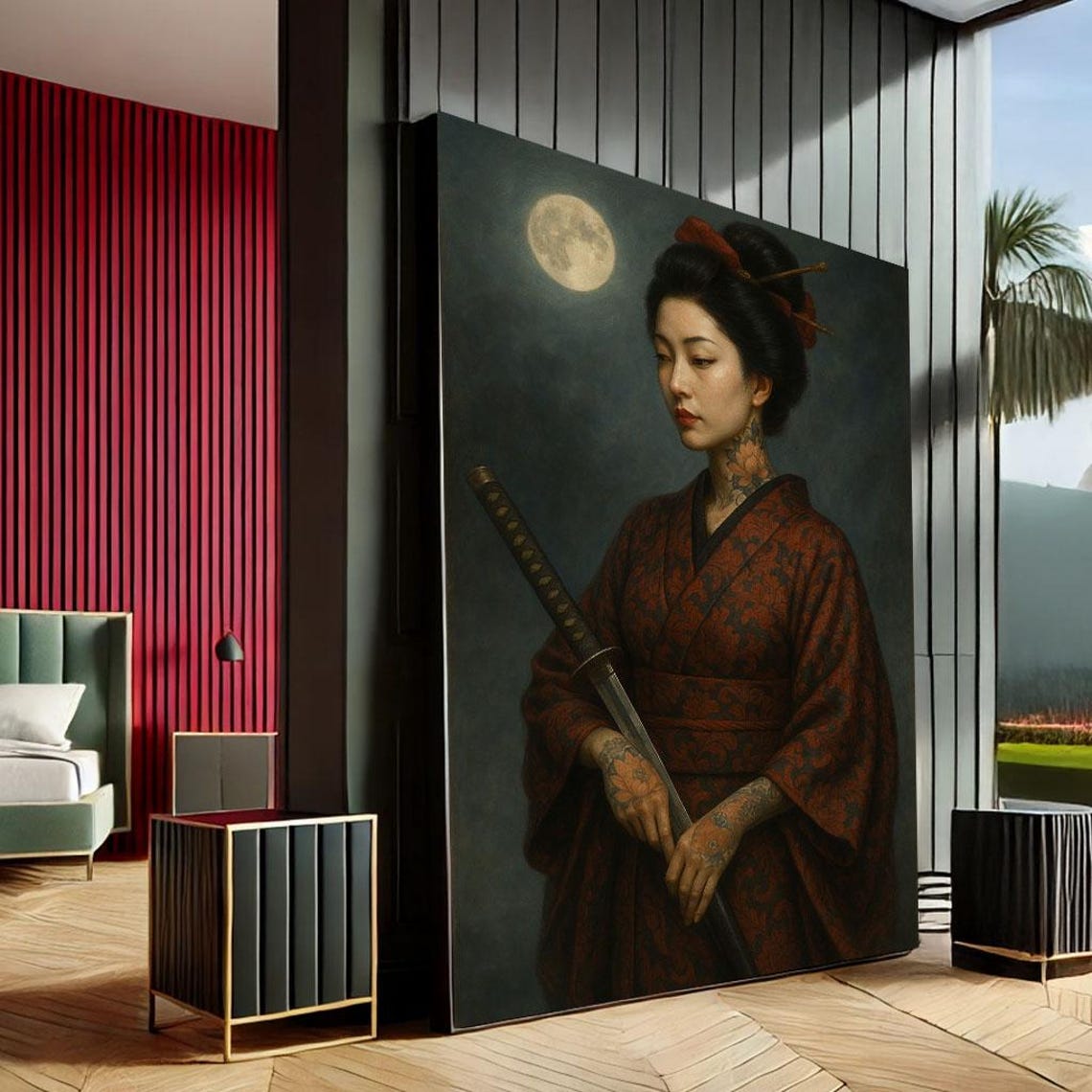 Japanese Woman Samurai Katana Full Moon Night Red Kimono Wall Art