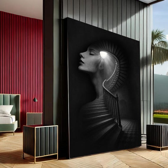 Mystical Woman Spiral Staircase Surreal Canvas Wall Art Print Black White Living Room Decor Statement Piece