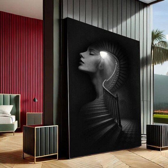 Surreal Woman Profile Spiral Staircase Black White Art Print