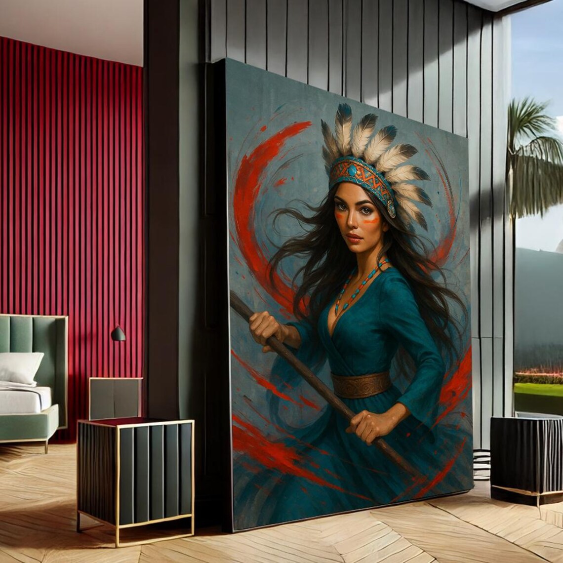 Indigenous Warrior Woman Feather Headdress Fierce Portrait Wall Art