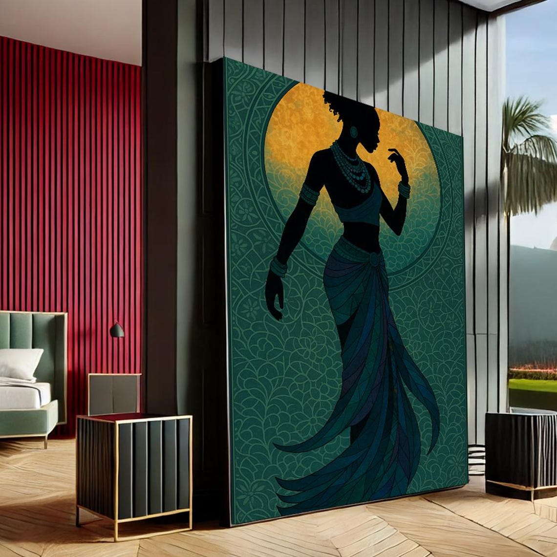 Elegant Silhouette Dancer Golden Moon Teal Modern Canvas Wall Art