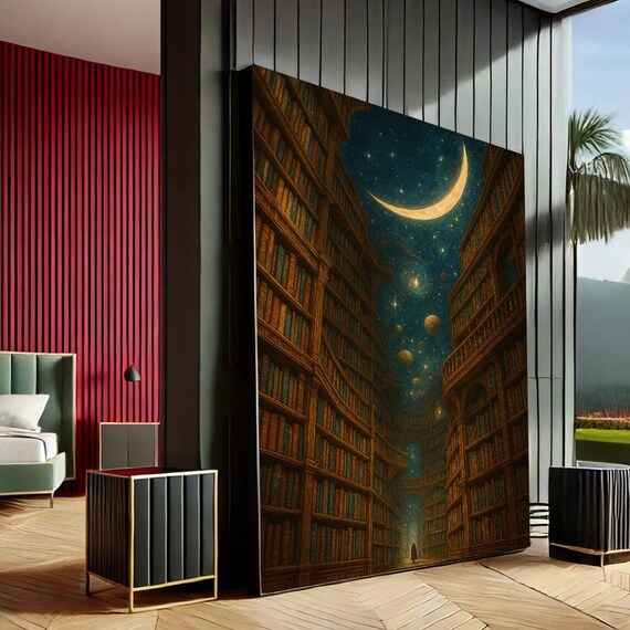 Mystical Crescent Moon Library Surreal Canvas Wall Art Print Starry Night Living Room Decor Ready To Hang