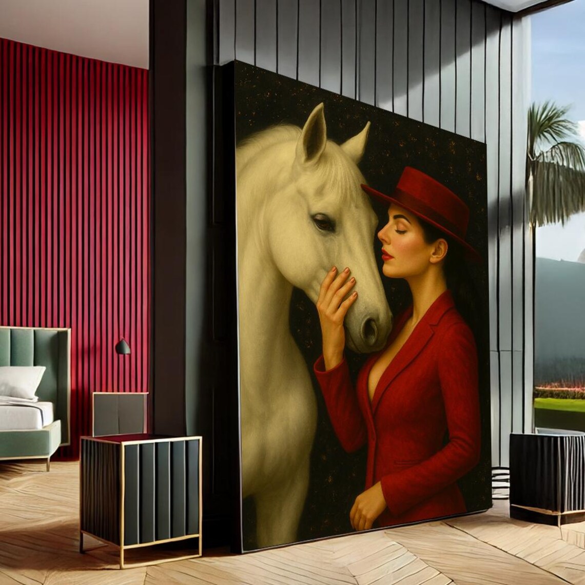 Woman in Red Dress with White Horse Elegant Equestrian Art Print