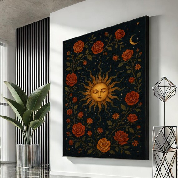 Celestial Golden Sun Roses Midnight Bohemian Floral Canvas Wall Art