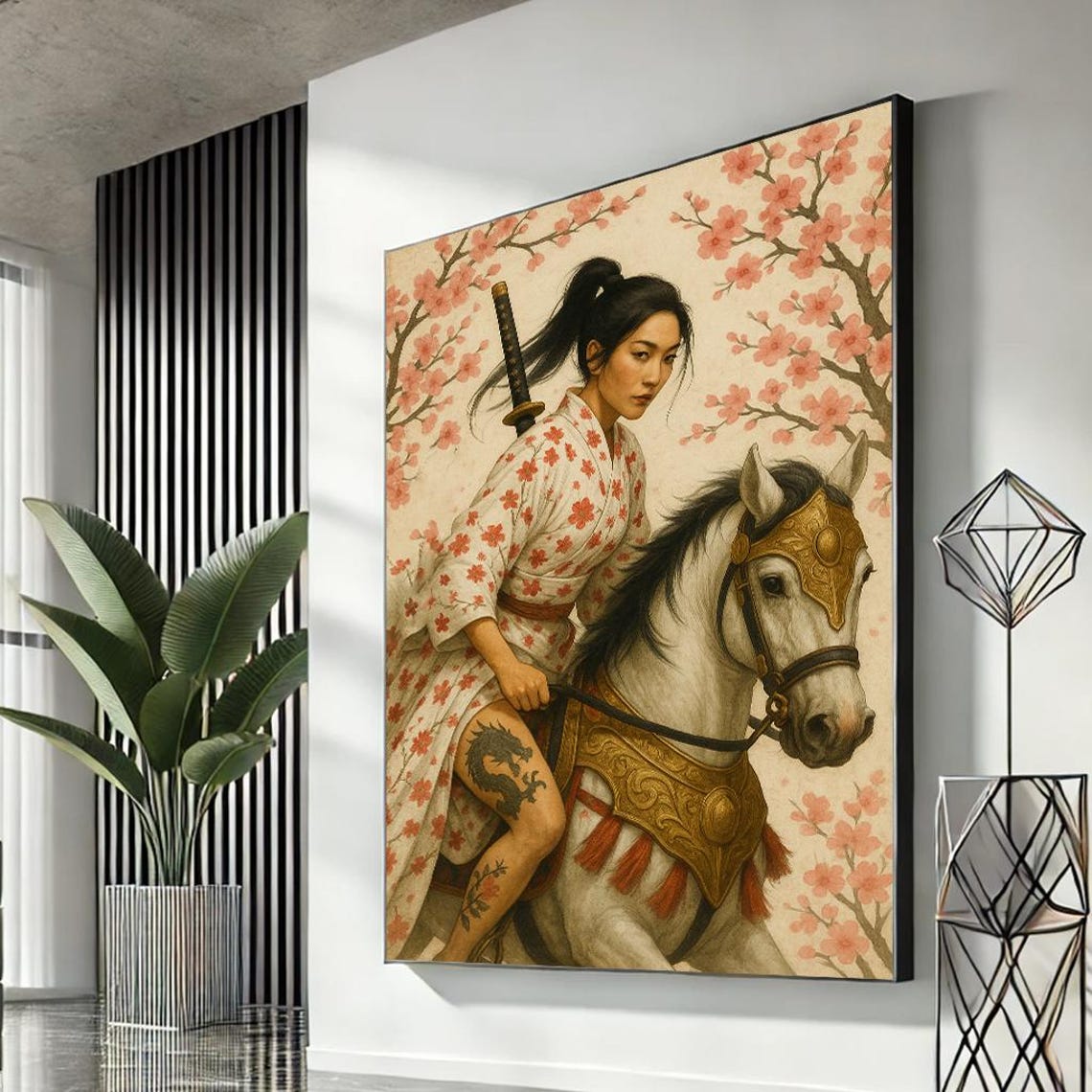 Samurai Woman on Horse Cherry Blossom Katana Japanese Warrior Poster