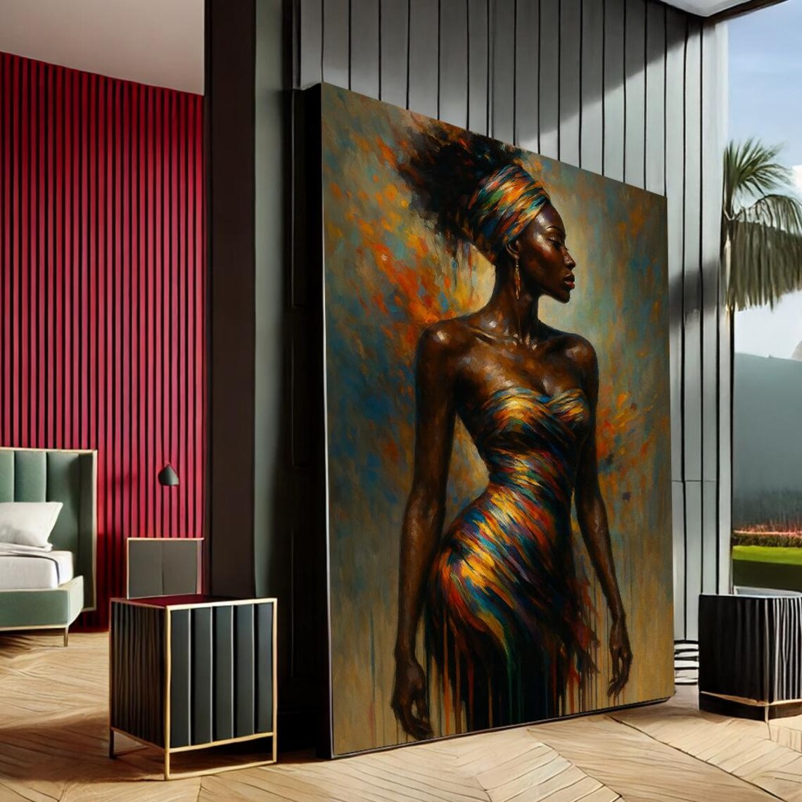 African Woman Portrait Headwrap Colorful Dress Modern Art Painting Print